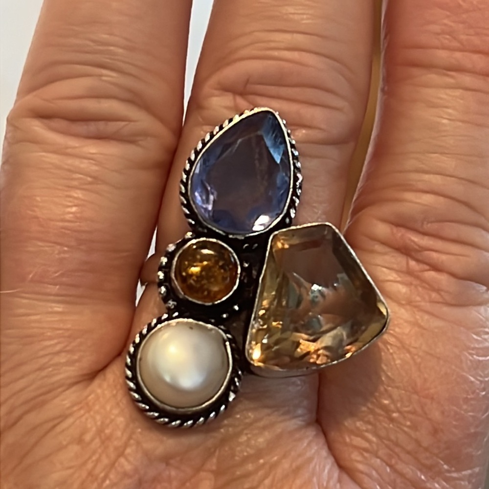 #369 Amethyst, Amber, Pearl Handcrafted Ring 💍 Size 9 NWOT - Picture 4 of 15
